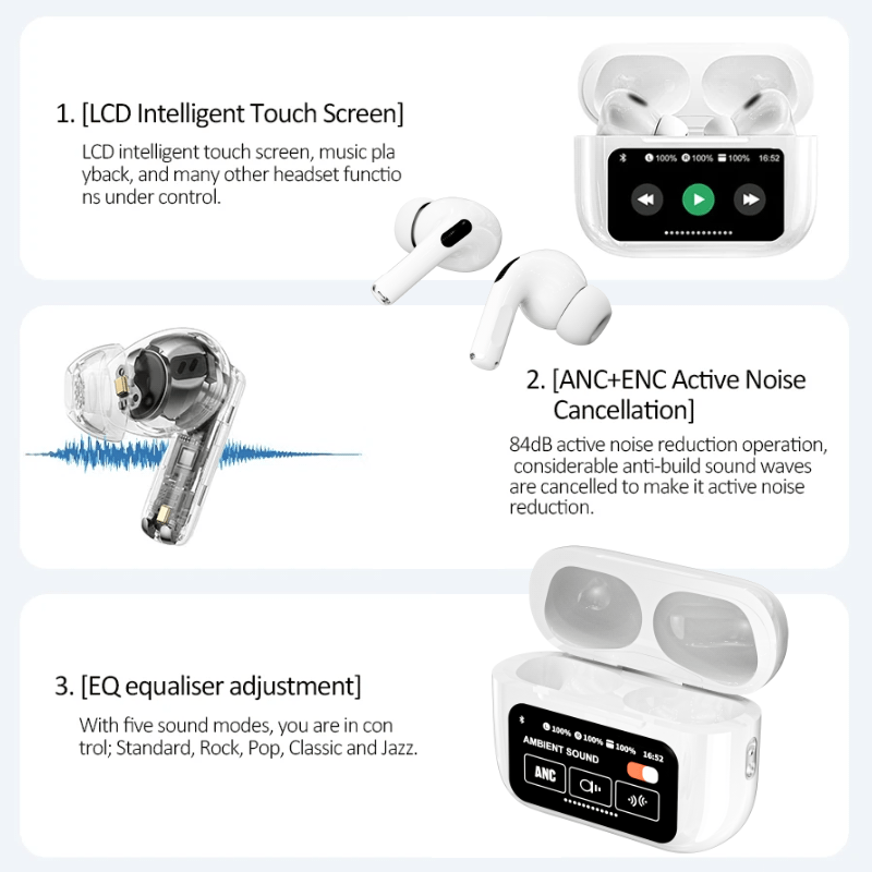 TouchPods S10 Pro ANC/ENC bezprzewodowe słuchawki Bluetooth, ekran dotykowy LCD, aktywna redukcja szumów, inteligentny tłumacz AI