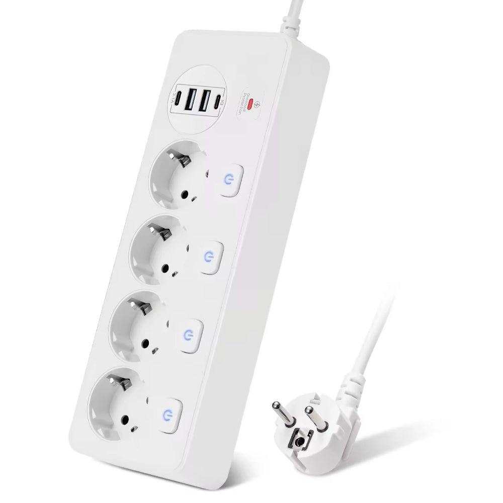 Listwa zasilająca z zabezpieczeniem przeciwprzepięciowym, przełącznikiem, 4 x Schuko, 2 x USB-A, 2 x USB-C